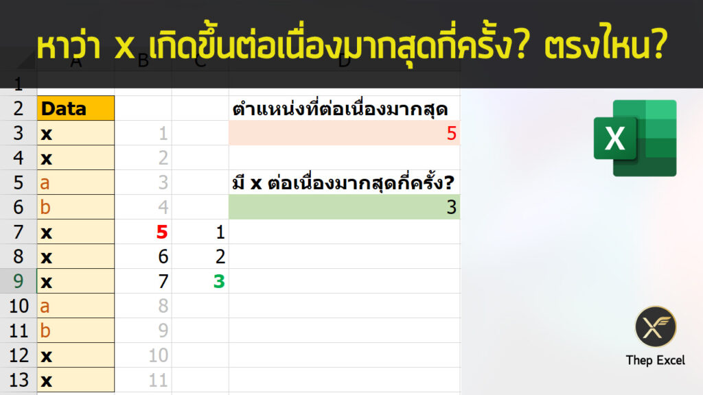 วิธีหาจำนวน และตำแหน่งที่เกิดค่าที่เราต้องการแบบต่อเนื่องกันมากที่สุด (Consecutive Value)