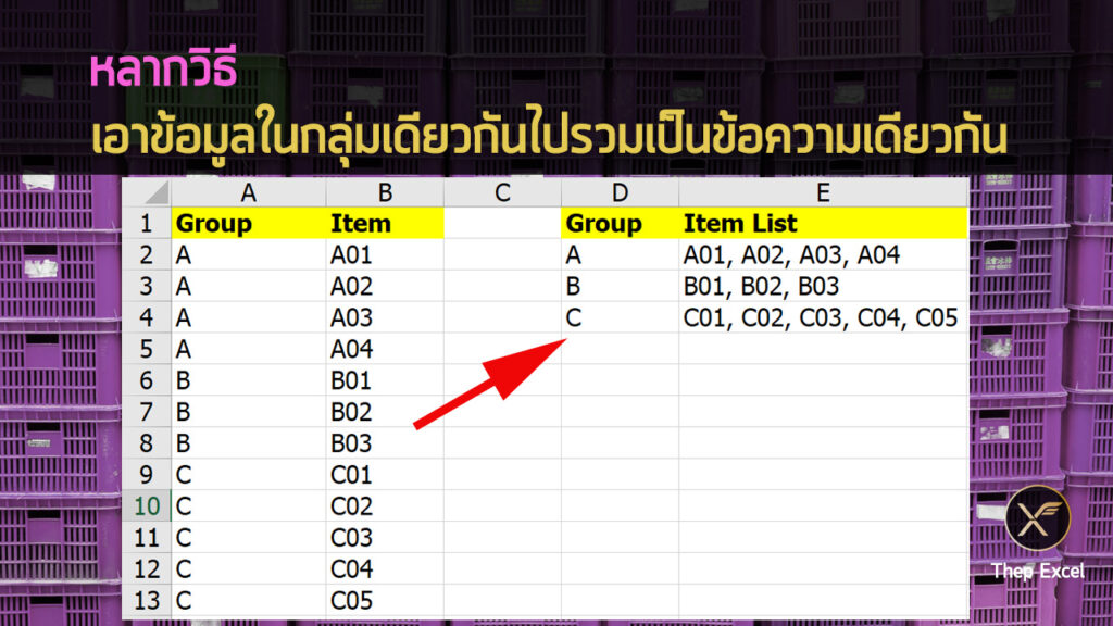หลากวิธีเอาข้อมูลในกลุ่มเดียวกันไปรวมเป็นข้อความเดียวกัน