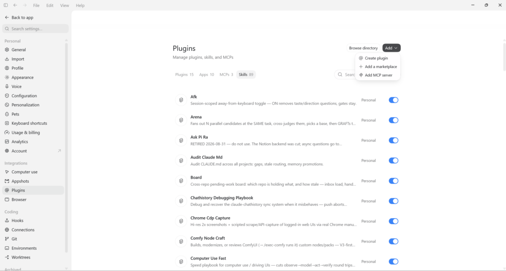 หน้า Settings > Plugins แท็บ Skills ใน ChatGPT Desktop