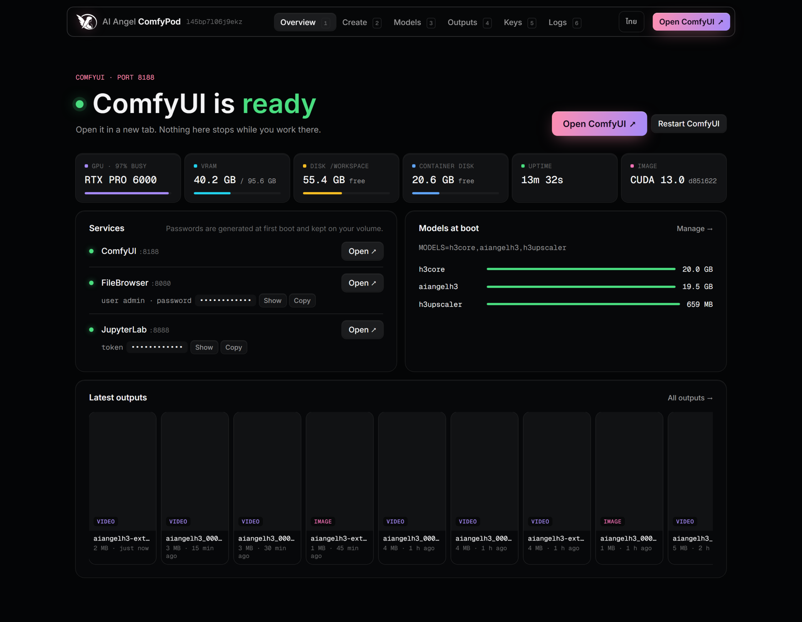 AI Angel Dashboard แท็บ Overview: ComfyUI is ready บน RTX PRO 6000, CUDA 13.0 และแถบโมเดลที่โหลดตอน boot ของ MODELS=h3core,aiangelh3,h3upscaler ครบสามแถบ