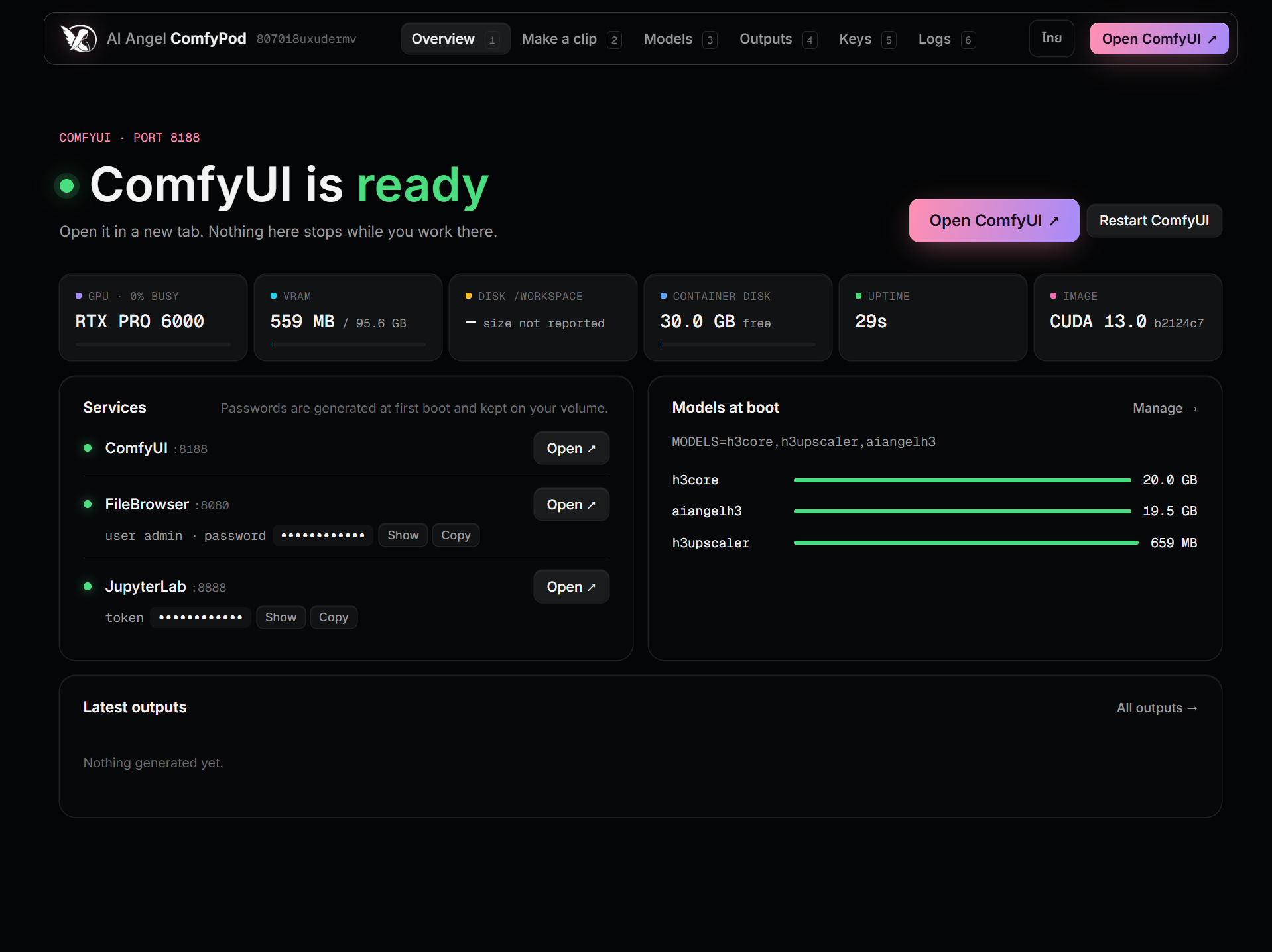 AI Angel Dashboard แท็บ Overview: ComfyUI is ready บน RTX PRO 6000, CUDA 13.0 และแถบโมเดลที่โหลดตอน boot