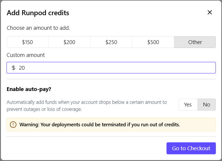 RunPod Add Runpod credits: เลือก Other, Enable auto-pay เลือก No