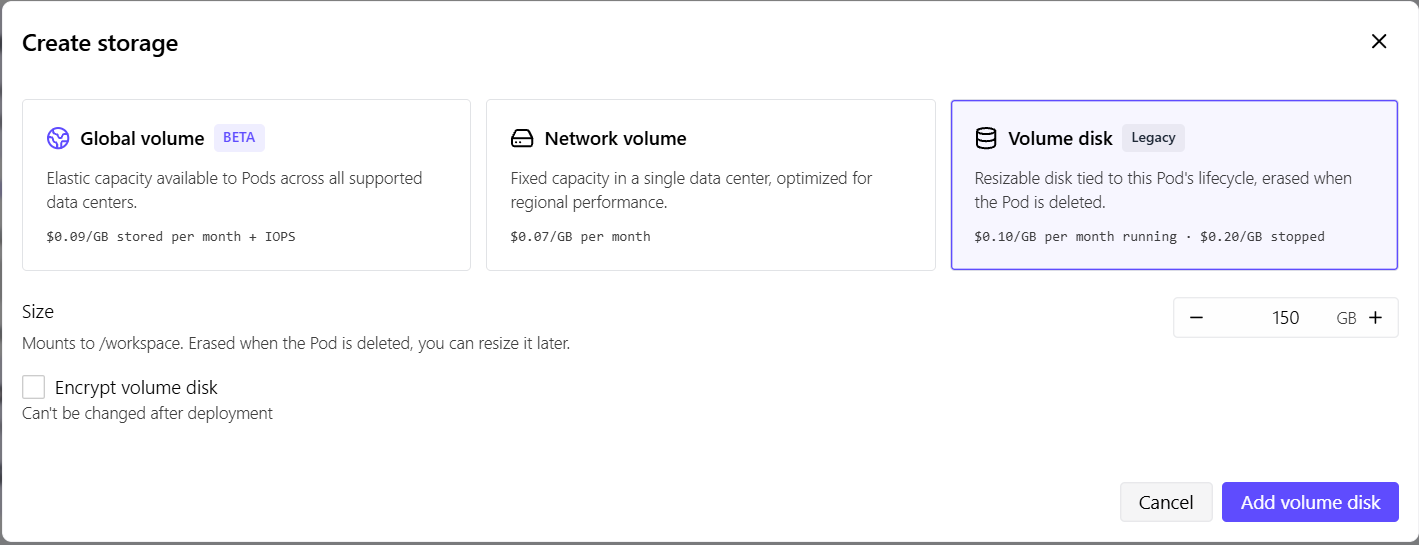 RunPod Create storage: Global volume (BETA), Network volume, Volume disk (Legacy) 150 GB