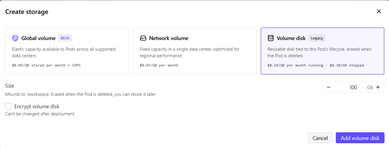 RunPod Create storage: Global volume (BETA), Network volume, Volume disk (Legacy) เลือก Volume disk ขนาด 100 GB