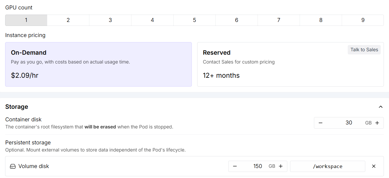 RunPod Deploy: Instance pricing เลือก On-Demand และ Persistent storage เป็น Volume disk 150 GB ที่ /workspace