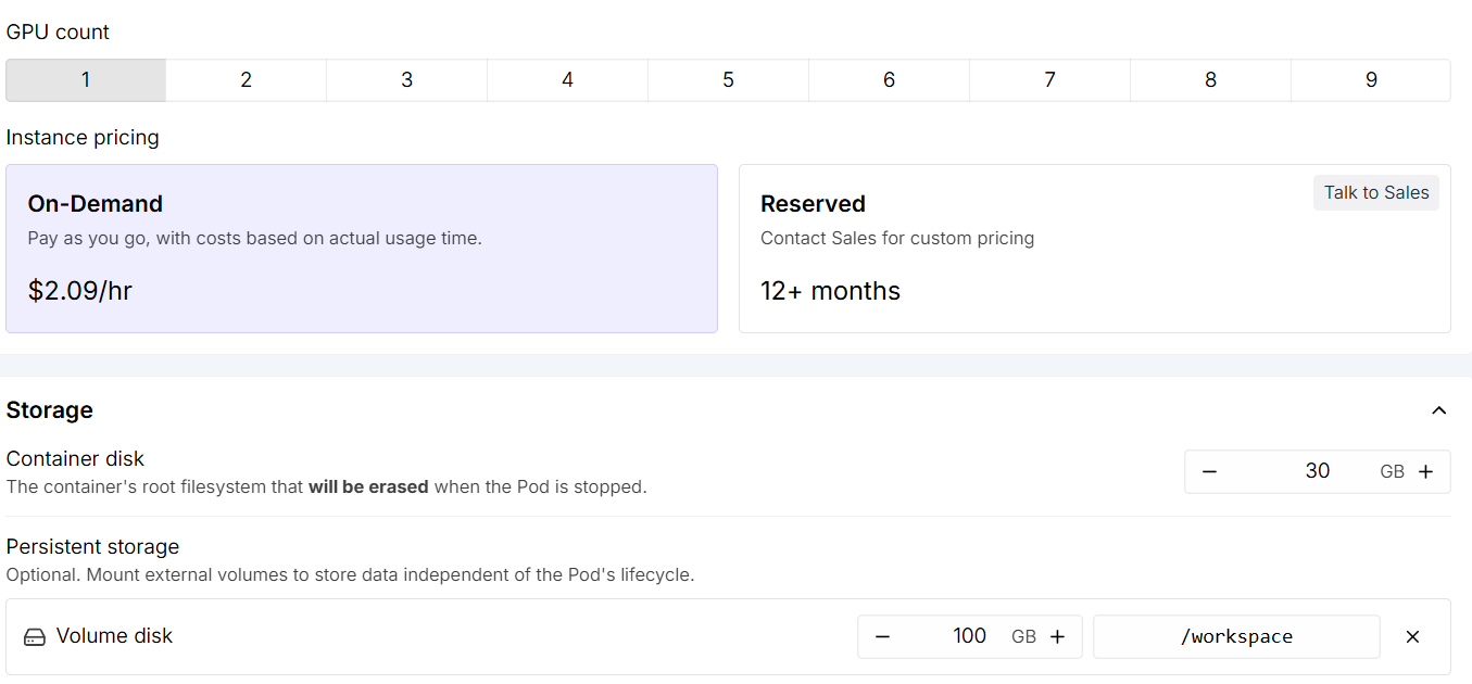 RunPod Deploy: Instance pricing เลือก On-Demand และ Persistent storage เป็น Volume disk 100 GB ที่ /workspace