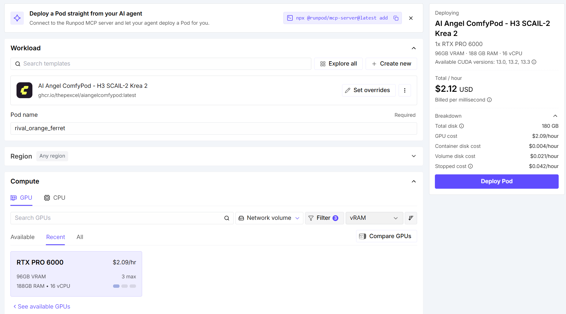 RunPod Deploy: Template AI Angel ComfyPod กับ RTX PRO 6000 ราคา $2.09/hr และปุ่ม Deploy Pod