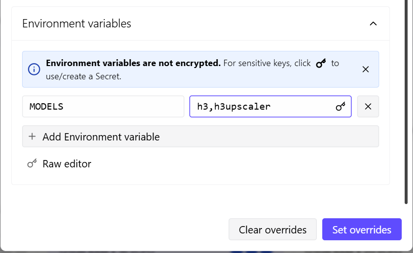RunPod Edit template overrides: Environment variables MODELS