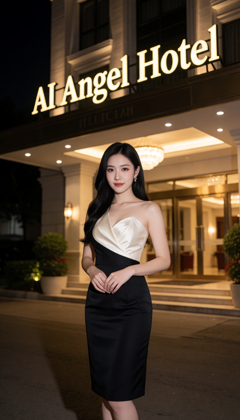 รูปที่สร้างจาก prompt ภาษาไทย: ผู้หญิงชุด dinner หน้าโรงแรม AI Angel Hotel ตอนกลางคืน