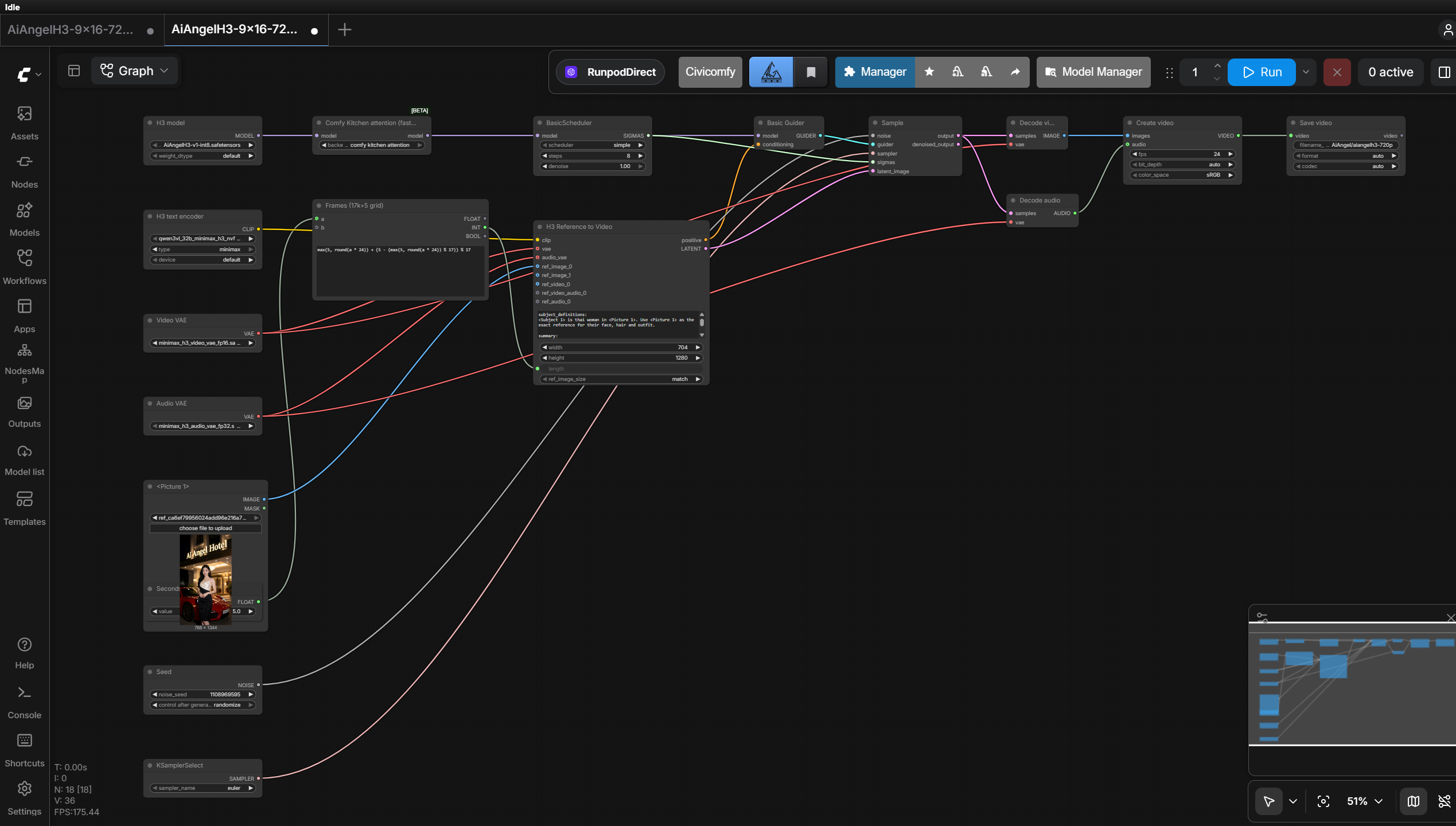 workflow ที่เปิดจากปุ่ม สร้างแค่ workflow ใน ComfyUI: node H3 model, text encoder, VAE, รูปอ้างอิง, H3 Reference to Video ขนาด 704x1280 ไปจนถึง Save video